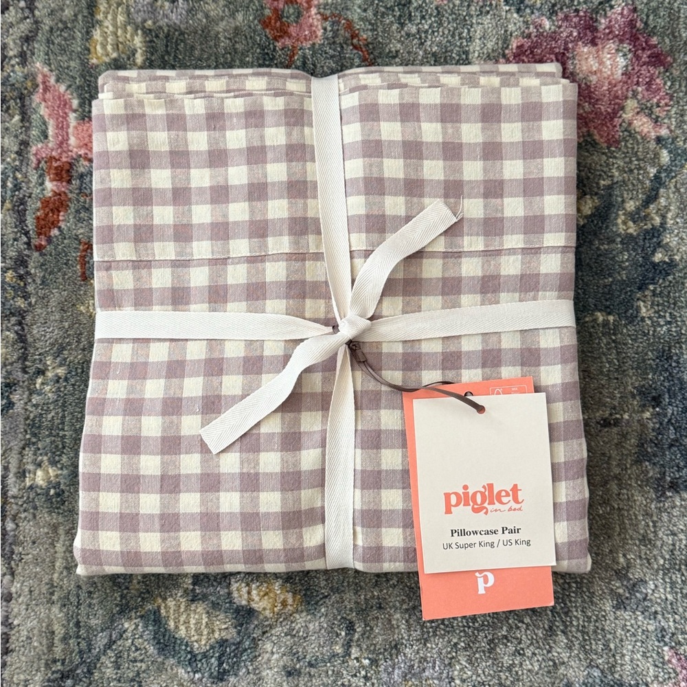 NEW Piglet in Bed Purple elderberry Gingham Pillowcase Pair KING linen blend